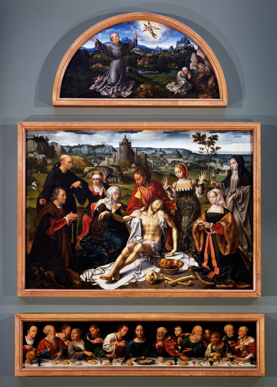 Oltářní obraz uložení se stigmaty svatého Františka, uložení Krista a Poslední večeře z kostela Menších bratří v Janově, kolem roku 1520 od Joos van Cleve