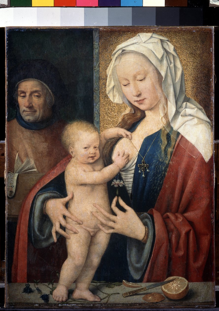 "Svatá rodina" (Svatá rodina) Dítě Ježíš si hraje s matčiným prsem. Obraz od Joose van Cleve (Cleef) (cca 1485-1540) 16. století Rozměr 42,5x31,5 cm Petrohrad. Muzeum Ermitáž od Joos van Cleve