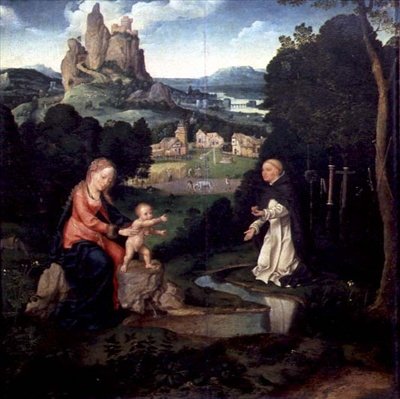 Panna a Jezulátko s dominikánským mnichem, kolem 1515-18 (olej na desce) od Joos van Cleve