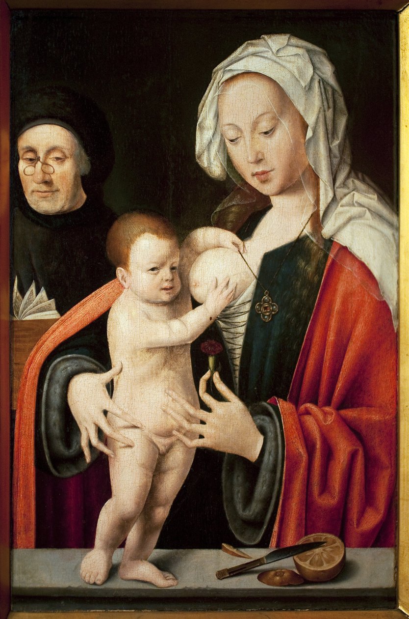 Panna, dítě a dárce. Obraz od Joose Van Cleve (1485-1540), olej na dřevě. Vlámské umění 16. století. Musee Grobet Labadie, Marseille. od Joos van Cleve