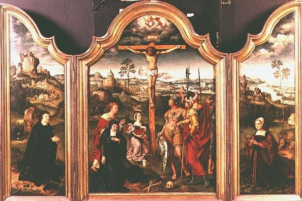 Triptych: Ukřižování po stranách s klečícími donátory (olej) od Joos van Cleve