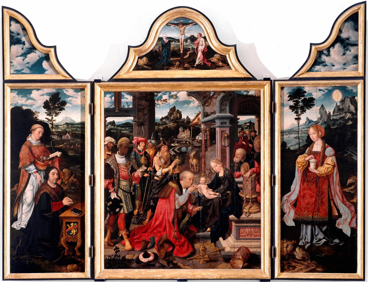 Tryptik Klanění tří králů. Malba na dřevě od Joose Van Cleve the young (1485-1540) 1515 Rozm. 260x200 cm Genes, Kostel San Donato od Joos van Cleve