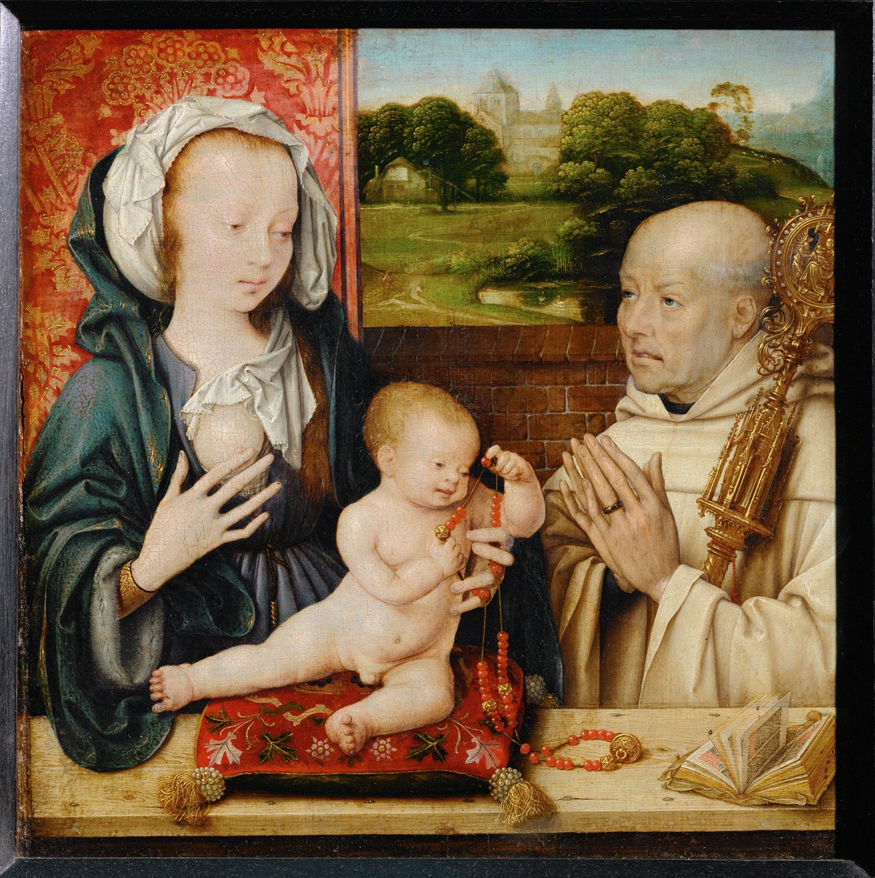 Panna s dítětem se svatým Bernardem z Clairvaux. V pozadí opatství Cluny... od Joos van Cleve