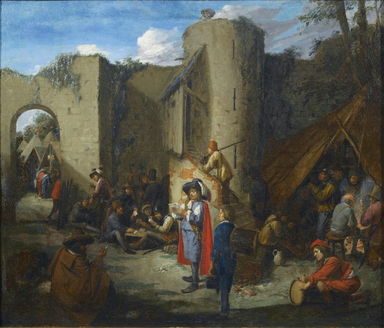 Důstojník čtoucí dopis ve vojenském táboře u hradeb hradu od Joos van Craesbeeck