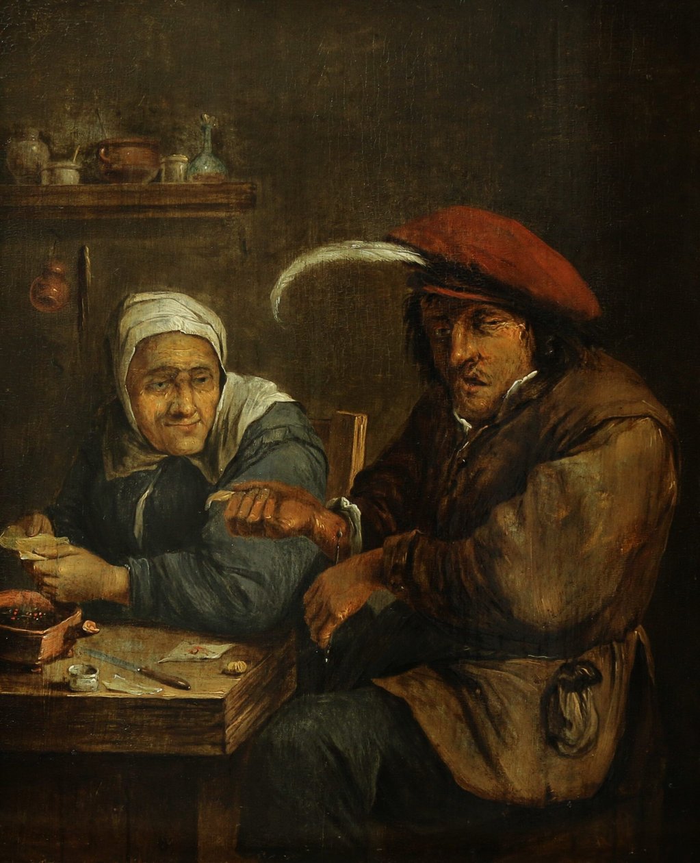 Interiér se starou ženou a mužem pouštějícím krev (Alegorie hmatu) od Joos van Craesbeeck