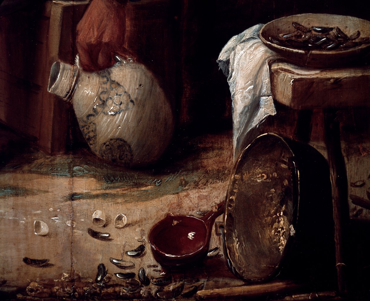Jaro nebo oběd mušlí, Detail. (olej na panelu) od Joos van Craesbeeck