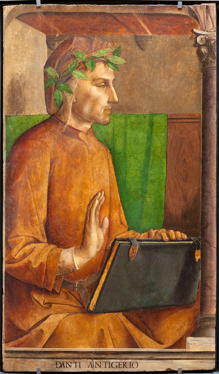 Podobizna Danteho Alighieriho (1265-1321), básníka, italského spisovatele, autora Božské komedie, pokrývky hlavy liripiona - Obraz Juste z Gentu (Joos van Wassenhove) (asi 1435-kolem 1475) a Pedro Berruguete (asi 1450- před 1504), část souboru 2 od Joos van Gent (fl.1460 75)