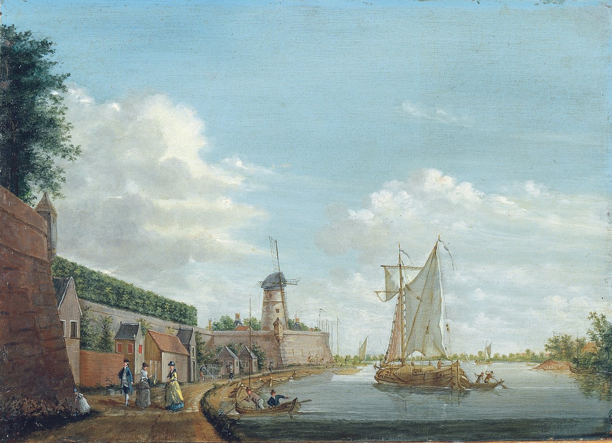 Říční krajina s elegantními měšťany procházejícími se u městské hradby, kolem roku 1776 od Jordanus Hoorn