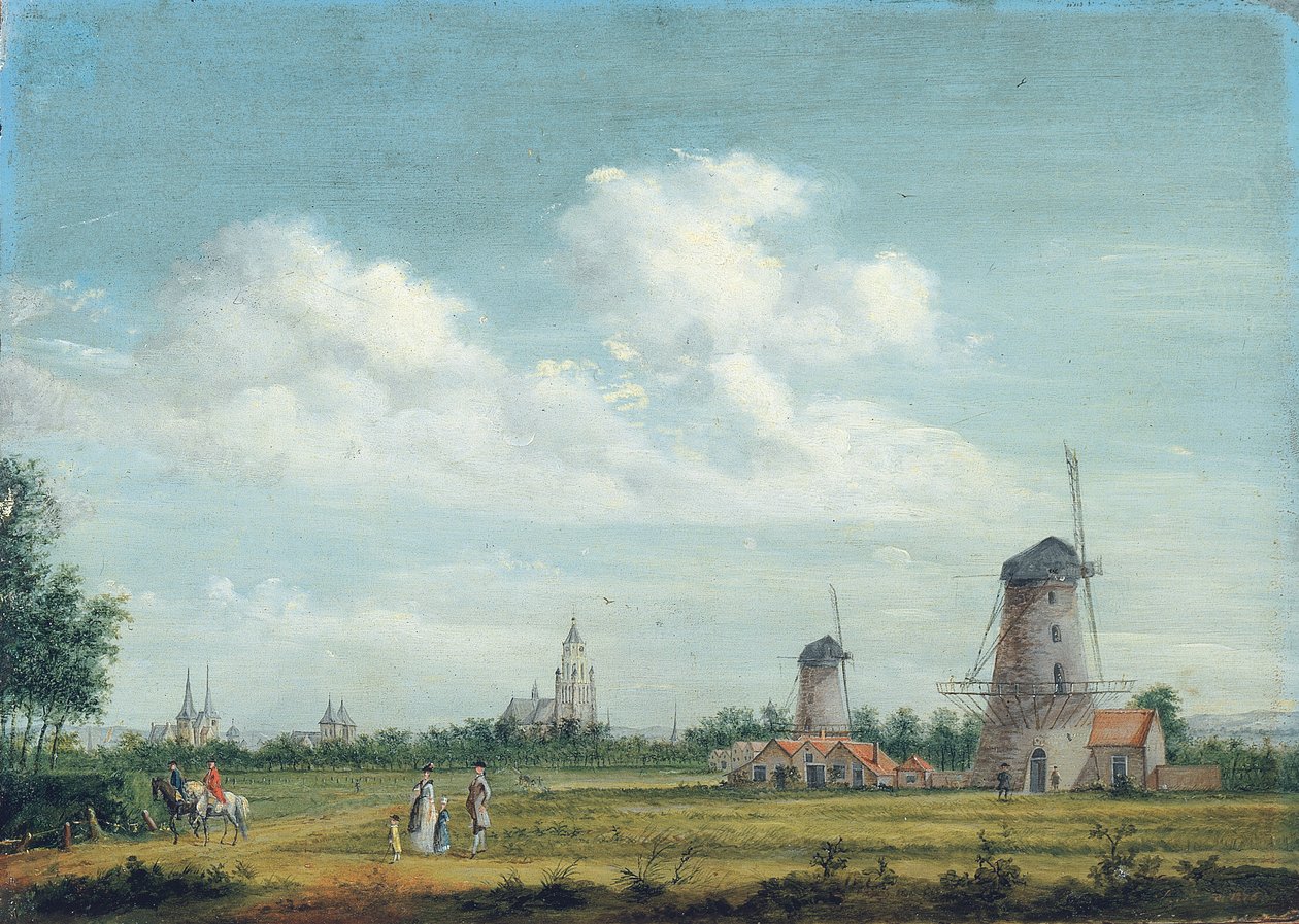 Pohled na Arnhem se St. Walburgiskerk vlevo a Grote Kerk vpravo, elegantní městská promenáda poblíž, 1776 od Jordanus Hoorn