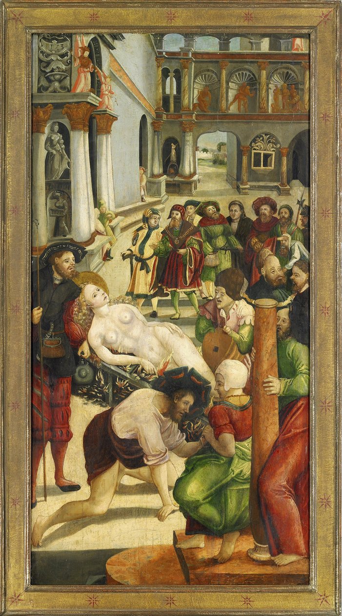 Sainte Agathe sur le bucher - Spálení. Křídlo z oltáře svaté Agáty - Greimold, Joerg (Jorg) (cca 1500-po 1540) - 1523 - Olej na dřevě - 109x57 - Stadtmuseum Weilheim od Jörg Greimold