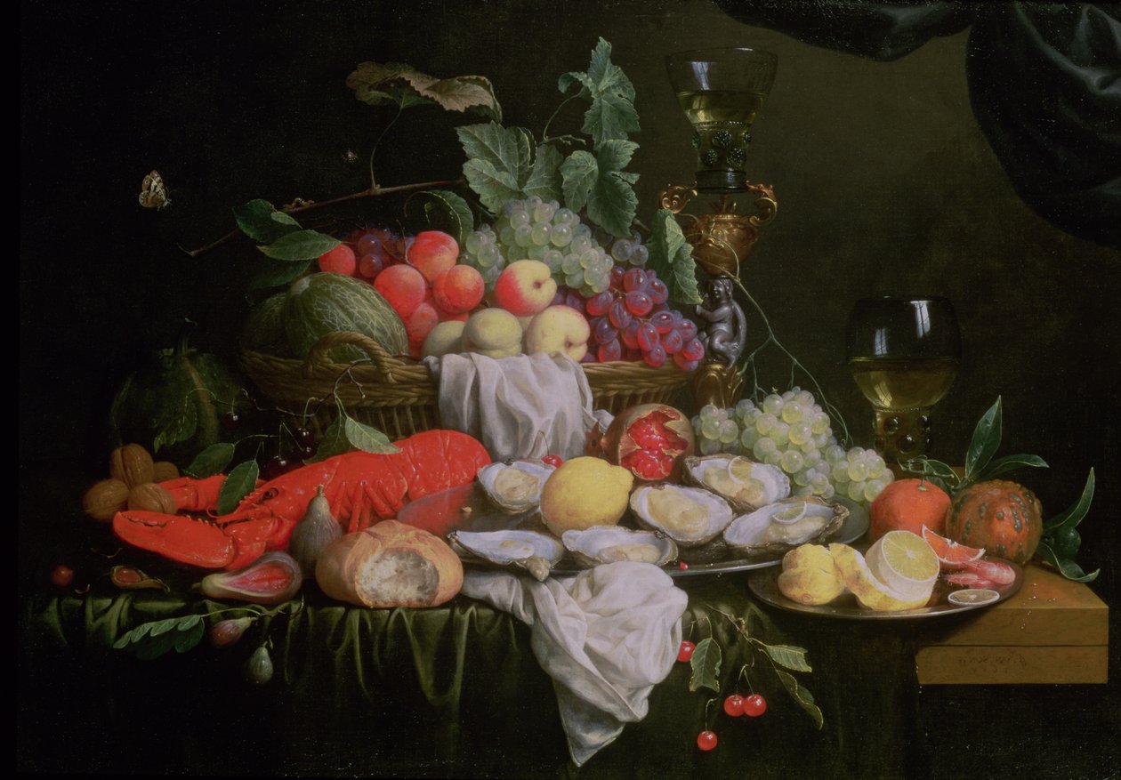 Zátiší s citronem, ústřicemi, humrem a ovocem, 1658 od Joris van Son