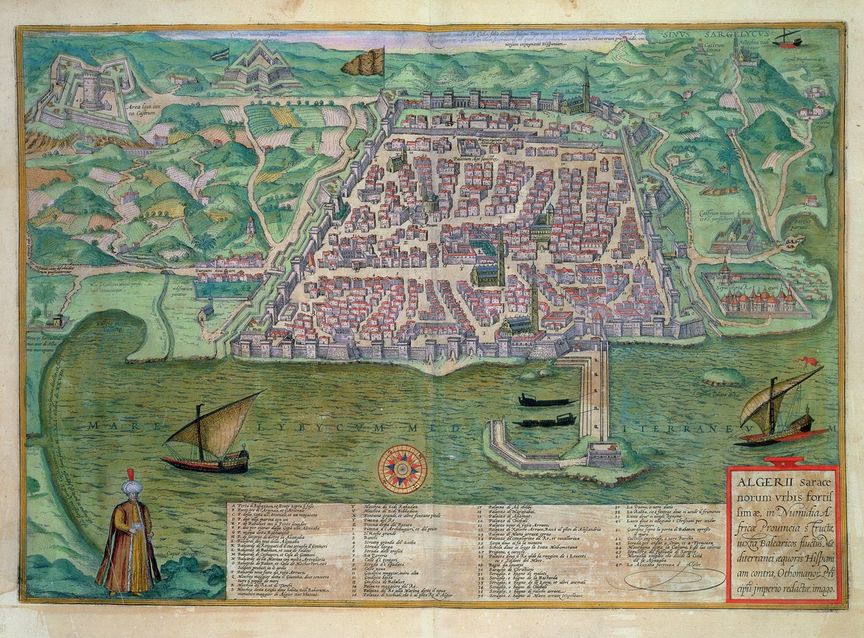 Mapa Alžíru z „Civitates Orbis Terrarum“ od Georga Brauna (1541-1622) a Franse Hogenberga (1535-90), kolem roku 1572 (barevná rytina) od Joris (after) Hoefnagel