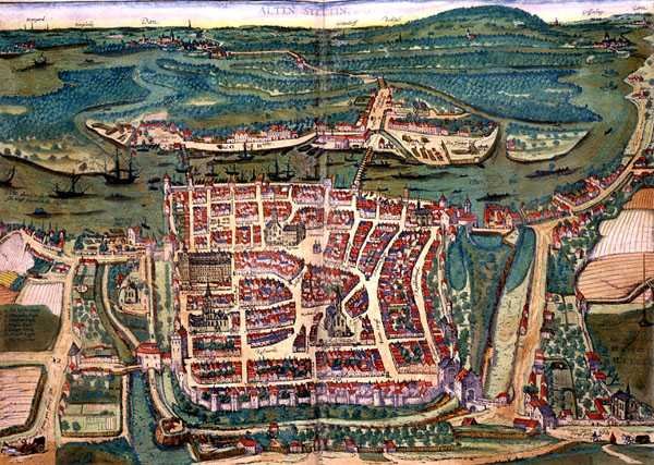 Mapa Altenstadtu, z „Civitates Orbis Terrarum“ od Georga Brauna (1541-1622) a Franse Hogenberga (1535-90) kolem 1572-1617 (barevná rytina) od Joris (after) Hoefnagel