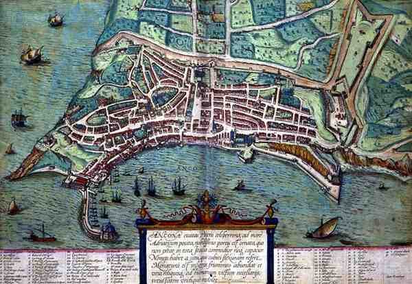 Mapa Ancony, z „Civitates Orbis Terrarum“ od Georga Brauna (1541-1622) a Franse Hogenburga (1535-90), kolem 1572 (barevná rytina) od Joris (after) Hoefnagel