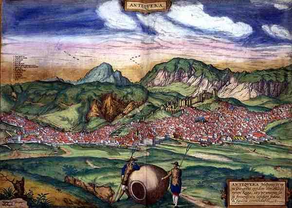 Mapa Antiquera, z „Civitates Orbis Terrarum“ od Georga Brauna (1541-1622) a Franse Hogenberga (1535-90), kolem roku 1572 (barevná rytina) od Joris (after) Hoefnagel