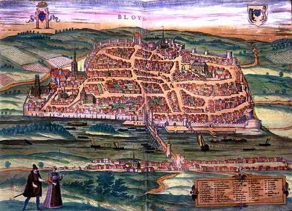 Mapa Blois, z „Civitates Orbis Terrarum“ od Georga Brauna (1541-1622) a Franse Hogenberga (1535-90), kolem 1572 (barevná rytina) od Joris (after) Hoefnagel