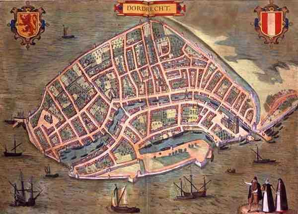Mapa Dordrechtu, z „Civitates Orbis Terrarum“ od Georga Brauna (1541-1622) a Franse Hogenburga (1535-90), kolem 1572 (barevná rytina) od Joris (after) Hoefnagel