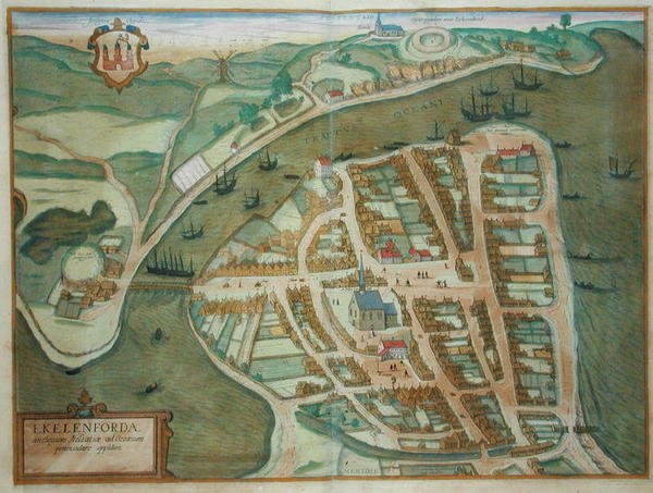 Mapa Ekelenforde, z „Civitates Orbis Terrarum“ od Georga Brauna (1541-1622) a Franse Hogenburga (1535-90), kolem 1572 (barevná rytina) od Joris (after) Hoefnagel