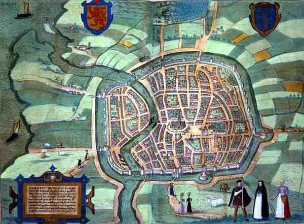 Mapa Haarlemu, z „Civitates Orbis Terrarum“ od Georga Brauna (1541-1622) a Franse Hogenburga (1535-90), kolem 1572 (barevná rytina) od Joris (after) Hoefnagel
