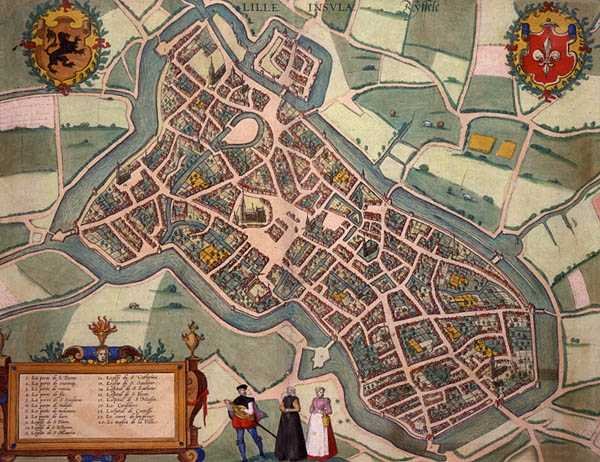 Mapa Lille z knihy "Civitates Orbis Terrarum" od Georga Brauna (1541-1622) a Franse Hogenberga (1535-90), asi 1572-1617 (kolorovaná rytina) od Joris (after) Hoefnagel