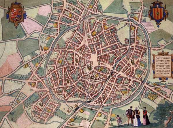 Mapa Mechelen, z „Civitates Orbis Terrarum“ od Georga Brauna (1541-1622) a Franse Hogenberga (1535-90) kolem 1572-1617 (barevná rytina) od Joris (after) Hoefnagel