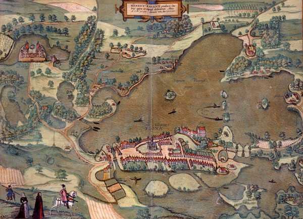 Mapa Plonu, z „Civitates Orbis Terrarum“ od Georga Brauna (1541-1622) a Franse Hogenberga (1535-90) 1593 (barevná rytina) od Joris (after) Hoefnagel