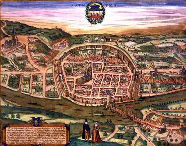 Mapa Saintes, z „Civitates Orbis Terrarum“ od Georga Brauna (1541-1622) a Franse Hogenberga (1535-90) od Joris (after) Hoefnagel