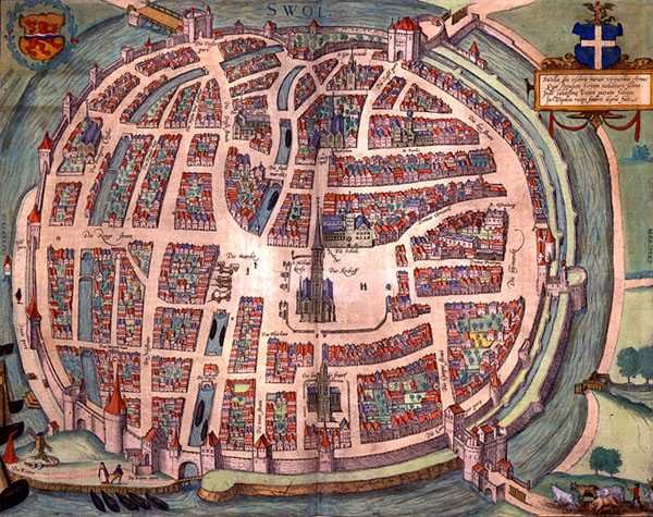 Mapa Solvaer, z „Civitates Orbis Terrarum“ od Georga Brauna (1541-1622) a Franse Hogenberga (1535-90) kolem 1572-1617 (barevná rytina) od Joris (after) Hoefnagel