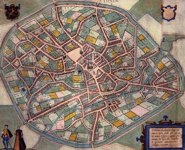 Mapa Tienen, z „Civitates Orbis Terrarum“ od Georga Brauna (1541-1622) a Franse Hogenberga (1535-90) kolem 1572-1617 (barevná rytina) od Joris (after) Hoefnagel