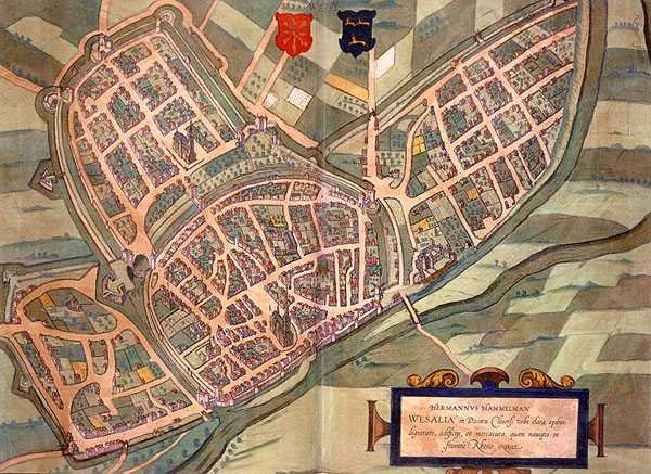 Mapa Wesel, z „Civitates Orbis Terrarum“ od Georga Brauna (1541-1622) a Franse Hogenberga (1535-90) kolem 1572-1617 (barevná rytina) od Joris (after) Hoefnagel