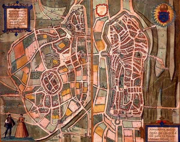 Mapy Autun a Nevers, z „Civitates Orbis Terrarum“ od Georga Brauna (1541-1622) a Franse Hogenberga (1535-90) kolem 1572-1617 (barevná rytina) od Joris (after) Hoefnagel