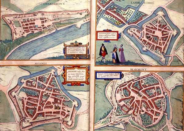 Mapy Charlemont, Landrechies, Avesnes a Beaumont, z „Civitates Orbis Terrarum“ od Georga Brauna (1541-1622) a Franse Hogenberga (1535-90) kolem 1572-1617 (barevná rytina) od Joris (after) Hoefnagel