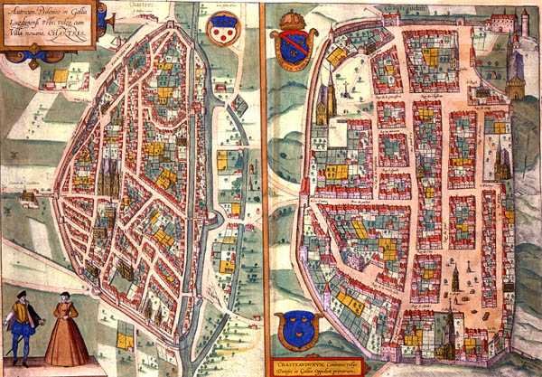 Mapy Chartres a Dunois z knihy "Civitates Orbis Terrarum" od Georga Brauna (1541-1622) a Franse Hogenberga (1535-90), asi 1572-1617 (kolorovaná rytina) od Joris (after) Hoefnagel