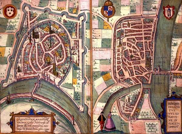 Mapy Grenoblu a Romans-sur-Isere, z „Civitates Orbis Terrarum“ od Georga Brauna (1541-1622) a Franse Hogenberga (1535-90) kolem 1572-1617 (barevná rytina) od Joris (after) Hoefnagel