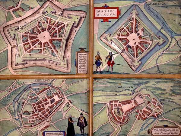 Mapy Philippeville, Mariembourgu, Chimay a Walcourtu z knihy "Civitates Orbis Terrarum" od Georga Brauna (1541-1622) a Franse Hogenberga (1535-90) asi 1572-1617 (kolorovaná rytina) od Joris (after) Hoefnagel