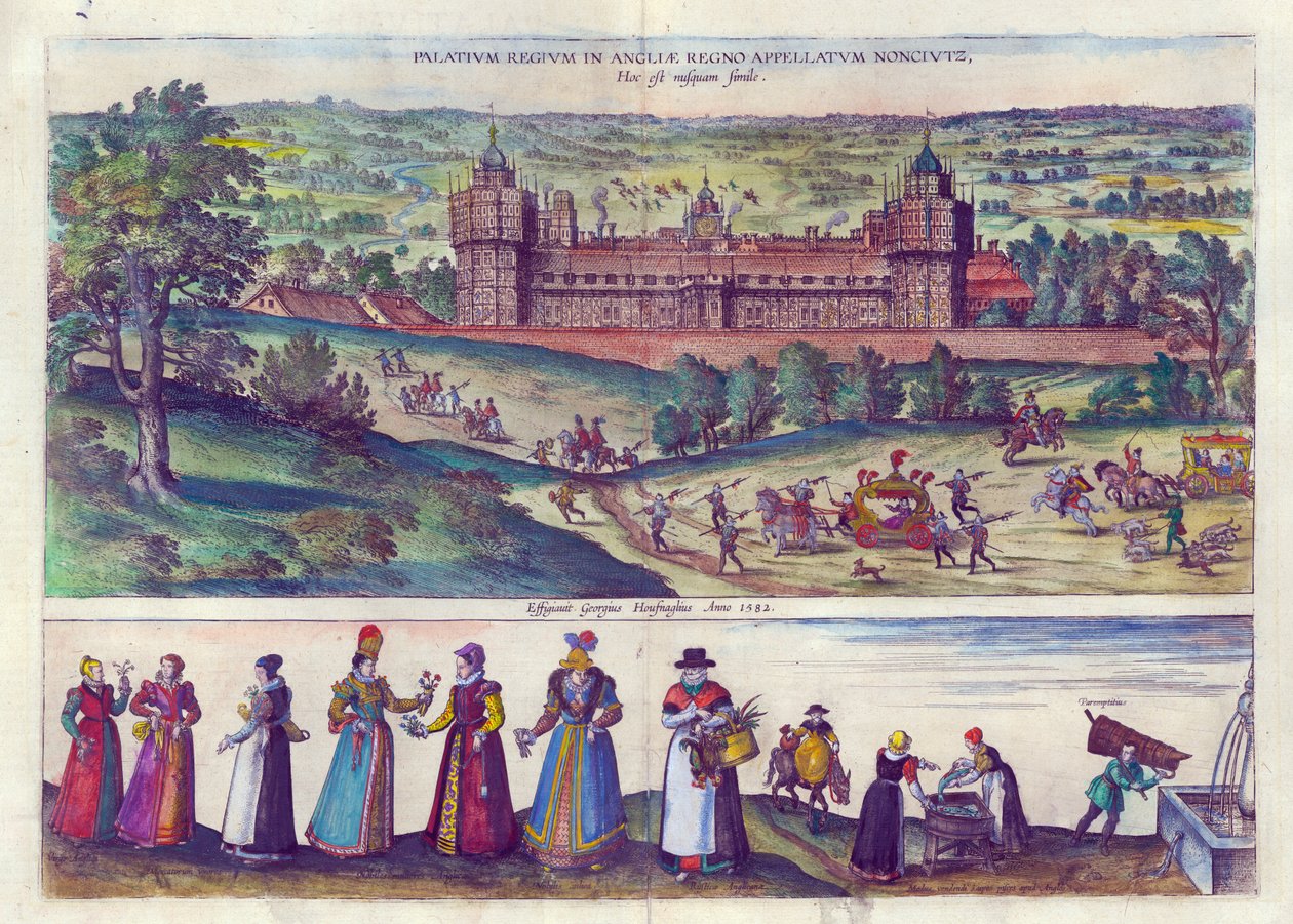 Příjezd královny Alžběty I. do paláce Nonesuch a muži a ženy z tudorovské společnosti, 1598 (ručně kolorovaná mědirytina) od Joris Hoefnagel