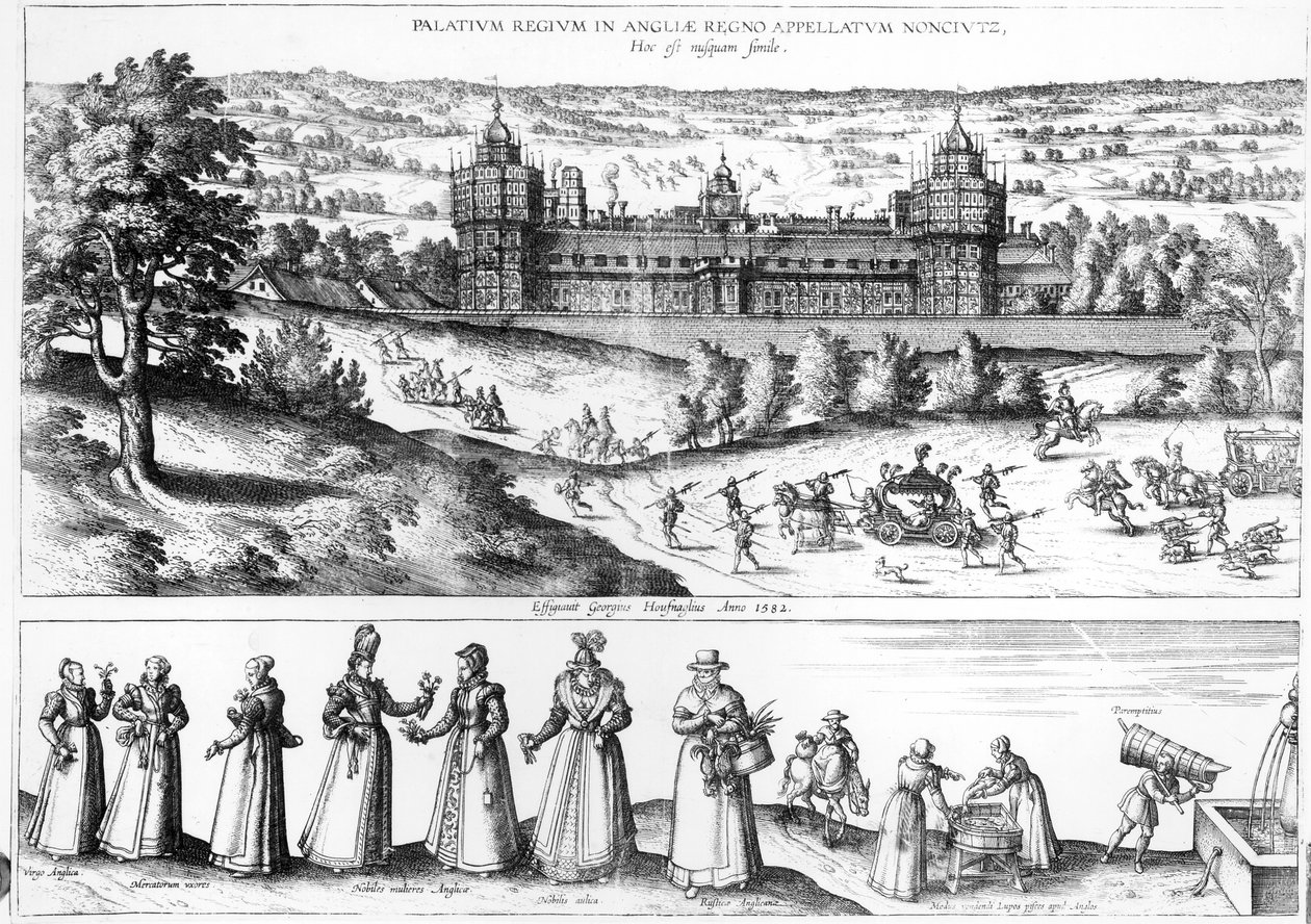 Příjezd královny Alžběty I. do paláce Nonsuch a mužů a žen z Tudorovské společnosti, 1582 od Joris Hoefnagel
