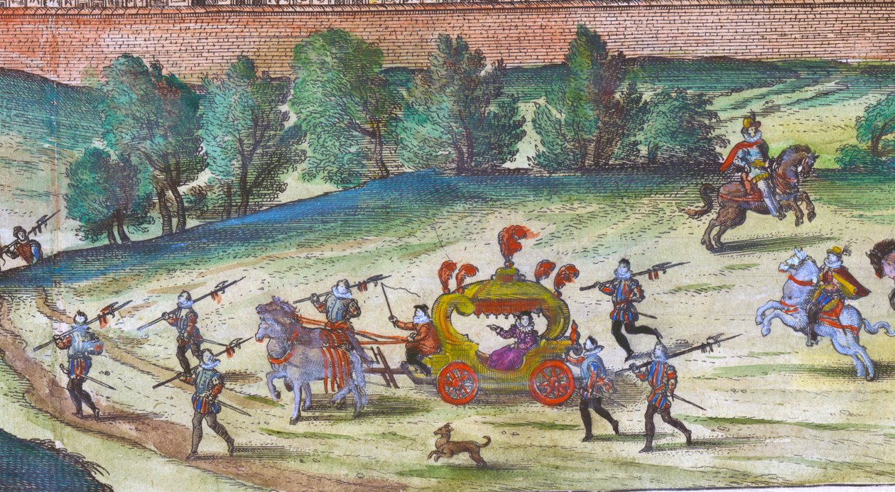 Příjezd královny Alžběty I. do paláce Nonesuch s dvořany, stráží a psy, 1598, ručně kolorovaný mědiryt, detail 324184 od Joris Hoefnagel