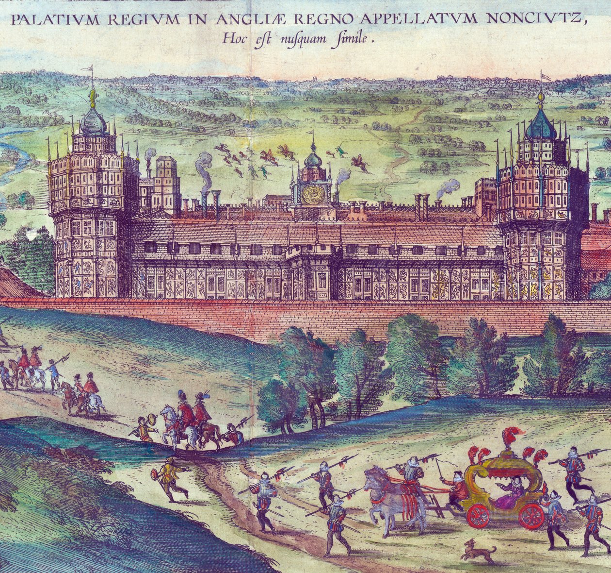 Příjezd královny Alžběty I. do paláce Nonsuch, 1598 ručně kolorovaná mědirytina detail 324184 od Joris Hoefnagel