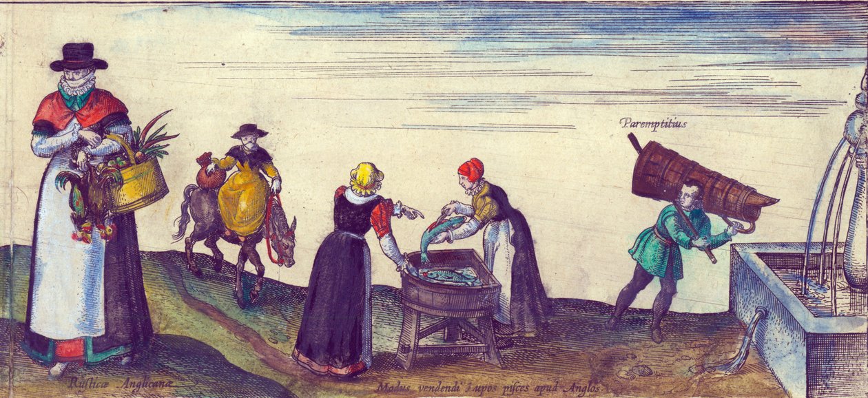 Venkované jdoucí na trh, rybářky prodávající štiky a učeň nabírající vodu z kašny, 1598, ručně kolorovaný mědiryt, detail 324184 od Joris Hoefnagel