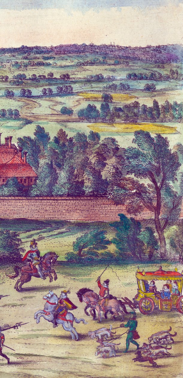 Dvořané a lovečtí psi doprovázející příjezd královny Alžběty I. do paláce Nonsuch, 1598, ručně kolorovaná mědirytina, detail 324184 od Joris Hoefnagel