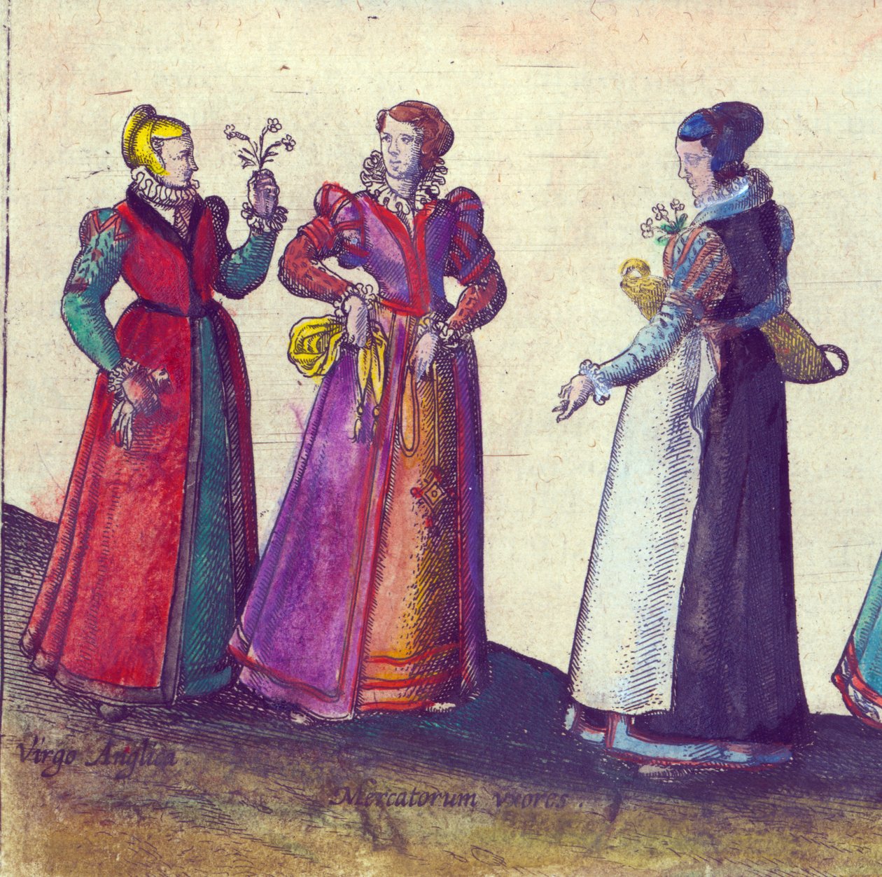 Anglické ženy alžbětinské éry, 1598 (ručně kolorovaná mědirytina) od Joris Hoefnagel