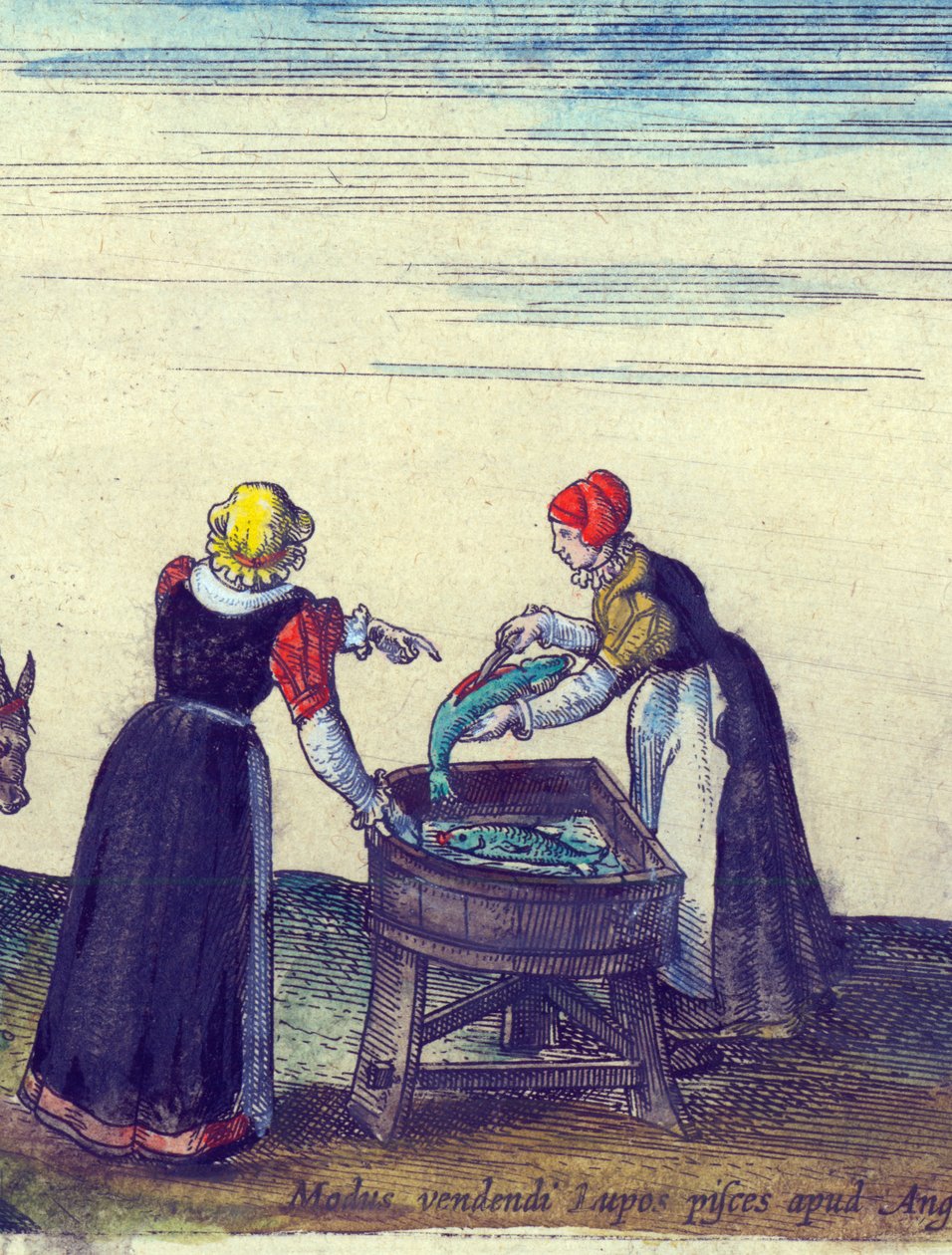 Rybářky prodávají a vykuchávají štiky, 1598, ručně kolorovaná mědirytina, detail 324184 od Joris Hoefnagel