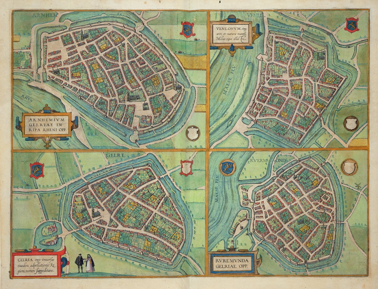 Mapa Arnhem, Velmo, Gelre a Ruerm, z „Civitates Orbis Terrarum“ od Georga Brauna (1541-1622) a Franse Hogenberga (1535-90) kolem 1572-1617 od Joris Hoefnagel