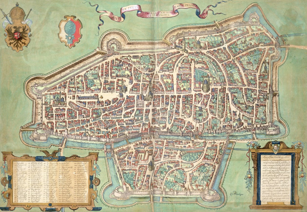 Mapa Augsburgu, z „Civitates Orbis Terrarum“ od Georga Brauna (1541-1622) a Franse Hogenberga (1535-90), kolem 1572 od Joris Hoefnagel