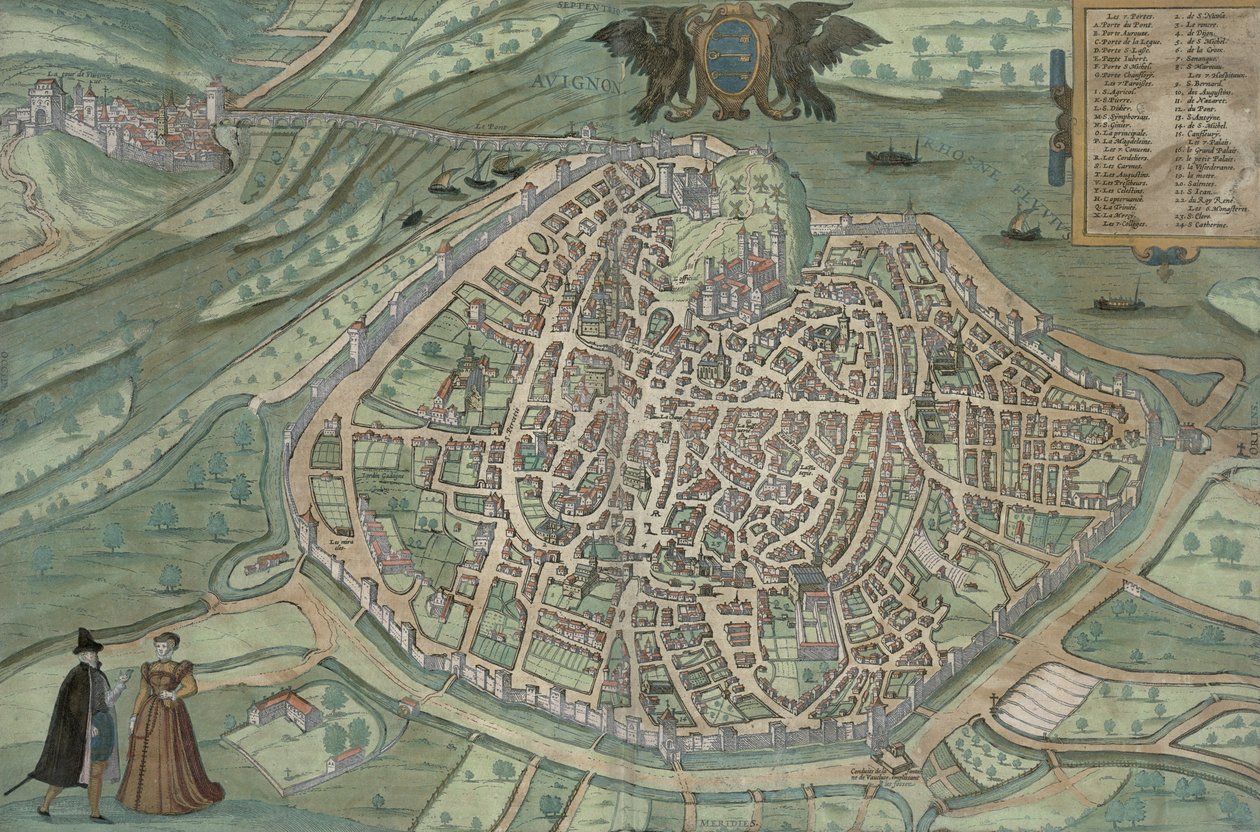 Mapa Avignonu z knihy "Civitates Orbis Terrarum" od Georga Brauna (1541-1622) a Franse Hogenberga, asi 1572 (barevná rytina) od Joris Hoefnagel