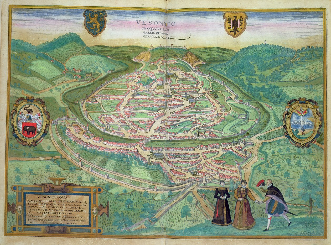 Mapa Besanconu z knihy "Civitates Orbis Terrarum" od Georga Brauna (1541-1622) a Franse Hogenberga (1535-90), 1575 (barevná rytina) od Joris Hoefnagel
