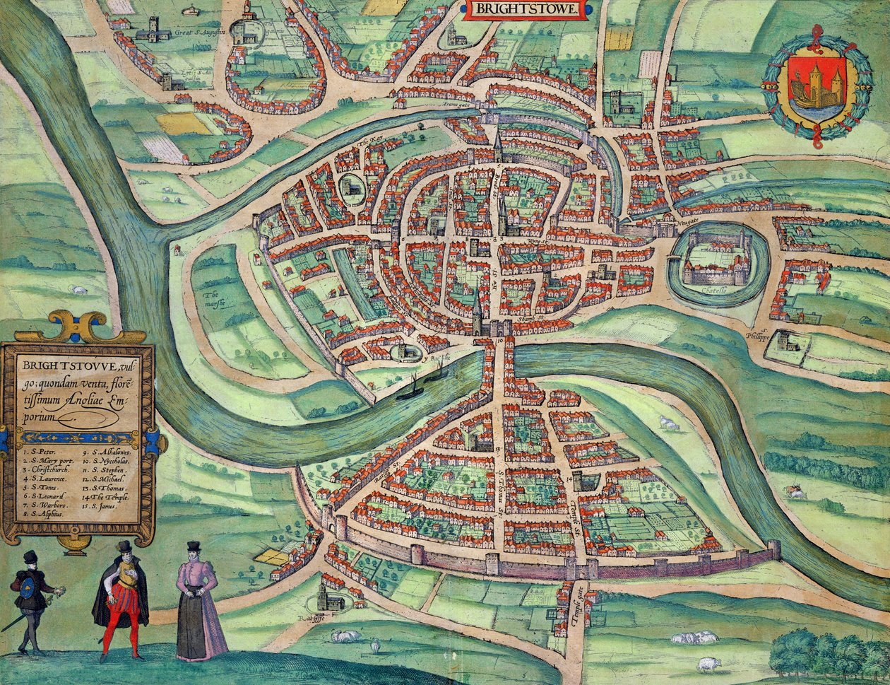 Mapa Bristolu z knihy „Cities of the World“ od Georga Brauna (1541-1622) a Franse Hogenberga (1535-90) kolem 1572-1617 od Joris Hoefnagel