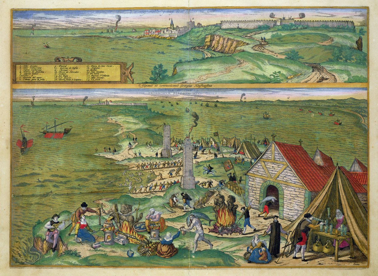 Mapa Cádizu z knihy "Civitates Orbis Terrarum" od Georga Brauna (1541-1622) a Franse Hogenberga (1535-90), asi 1572 od Joris Hoefnagel