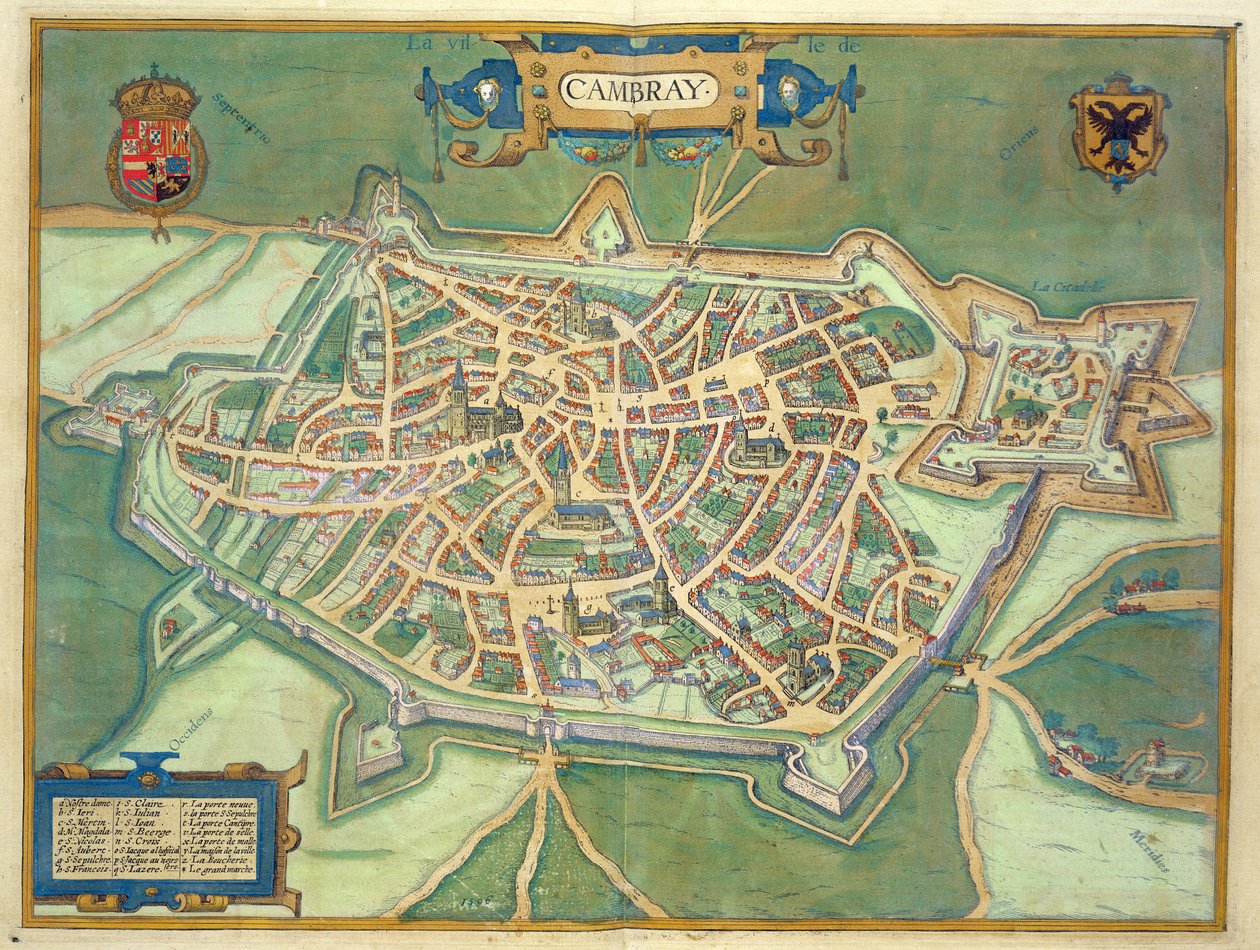 Mapa Cambrai, z „Civitates Orbis Terrarum“ od Georga Brauna (1541-1622) a Franse Hogenberga (1535-90), kolem 1572 (barevná rytina) od Joris Hoefnagel
